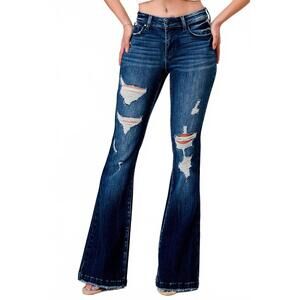 NEW PETRA153 distressed mid rise stretch flare leg jeans in medium wash